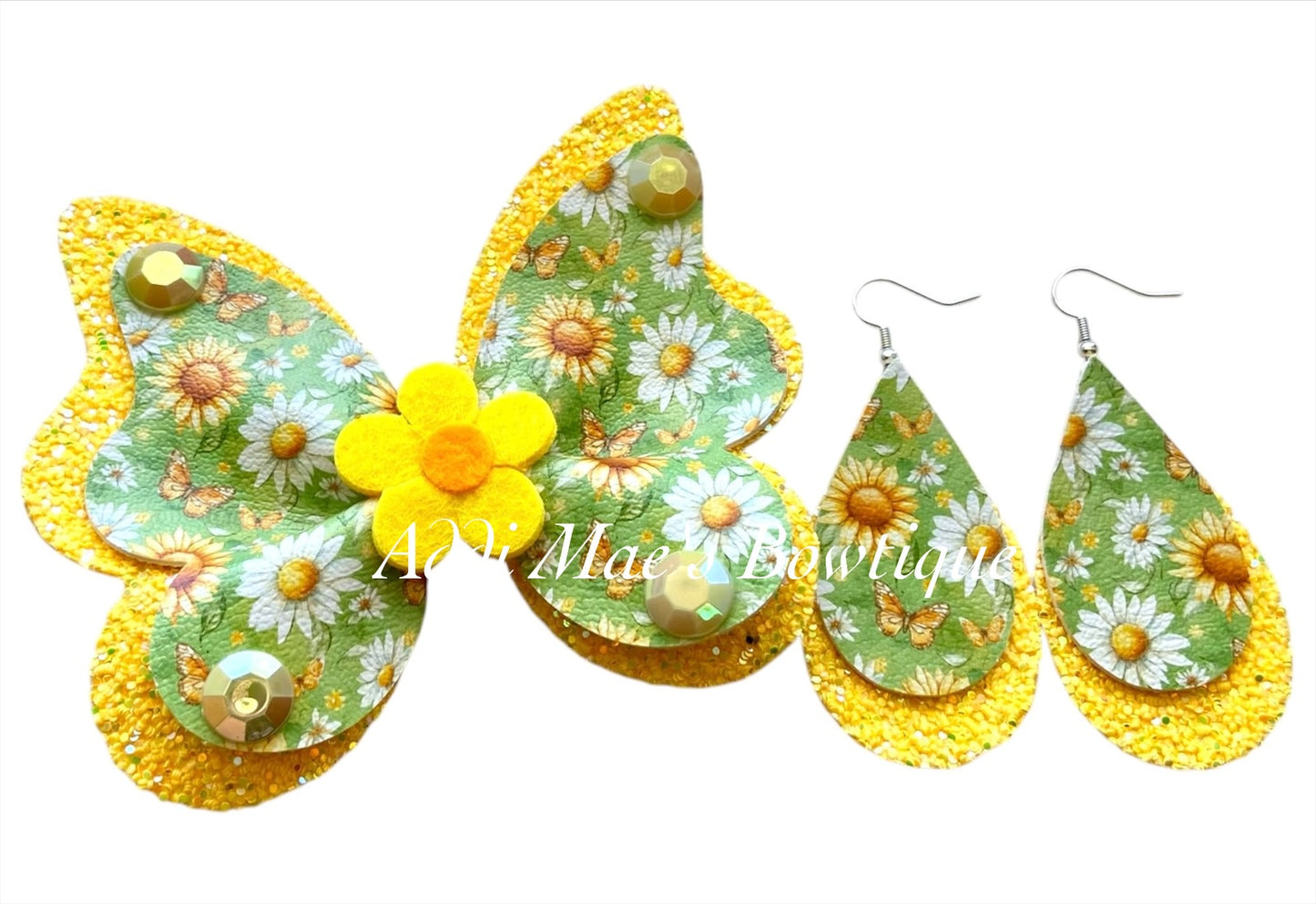 Green Garden Daisy Butterfly Bow & Earring Set
