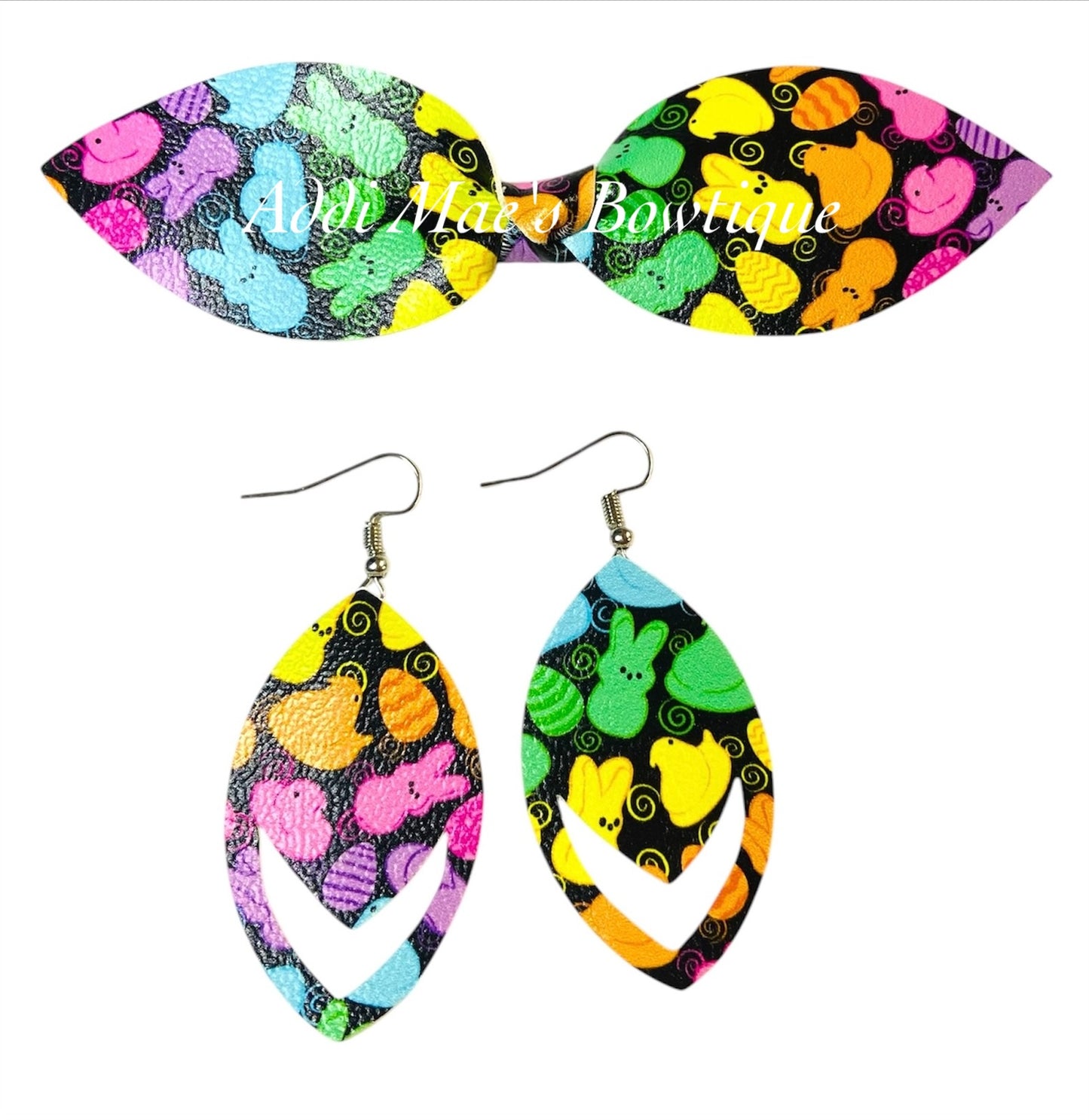 Neon Easter Marshmallow Bunnies Easter Top Knot Clip, 3” Snap Clip, & Earrings Set