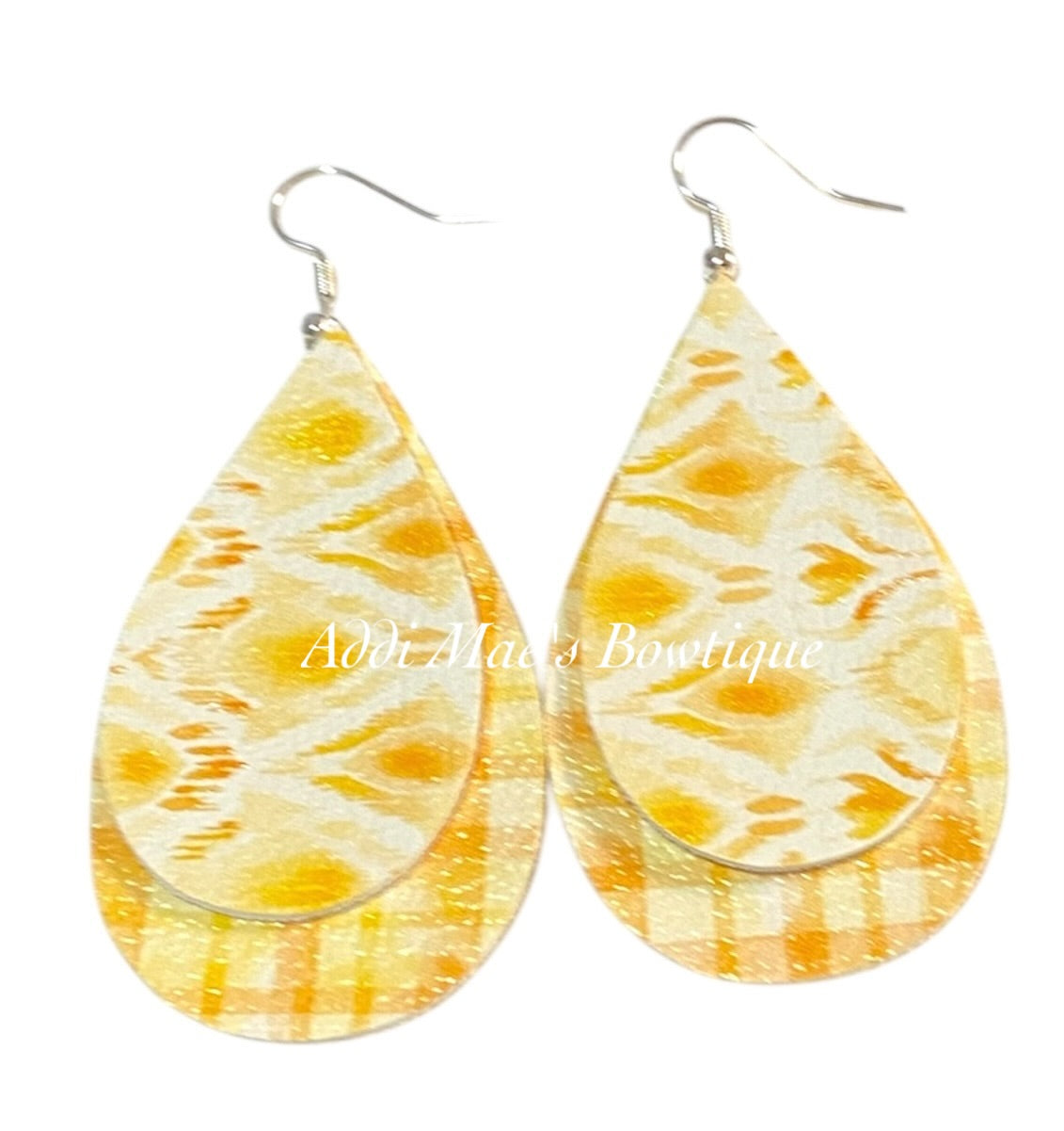 Yellow Watercolor Plaid Stacked Tear Drop Dangle Earrings