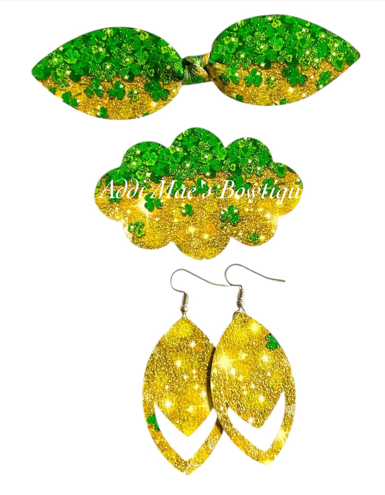 St. Patrick’s Day Clovers Top Knot Clip, 3” Snap Clip, & Earrings Set