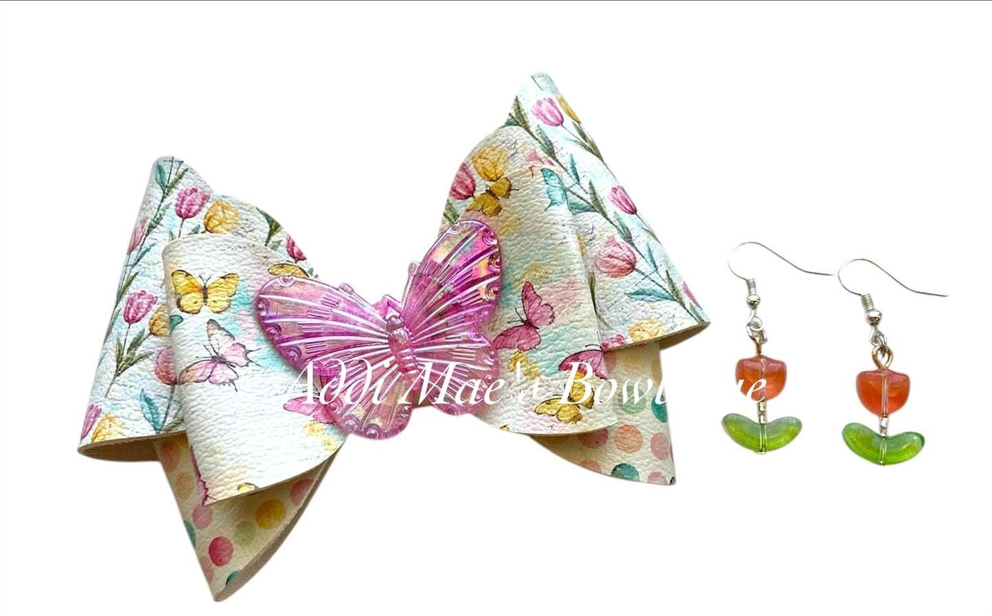Pastel Tulips & Butterflies Bow & Earrings Set