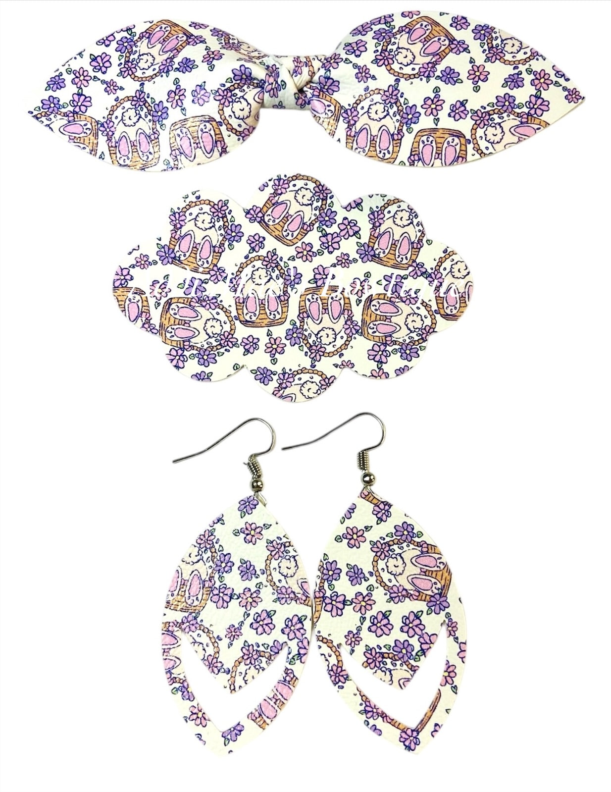 Purple Floral Bunny Butts Baskets Easter Top Knot Clip, 3” Snap Clip, & Earrings Set