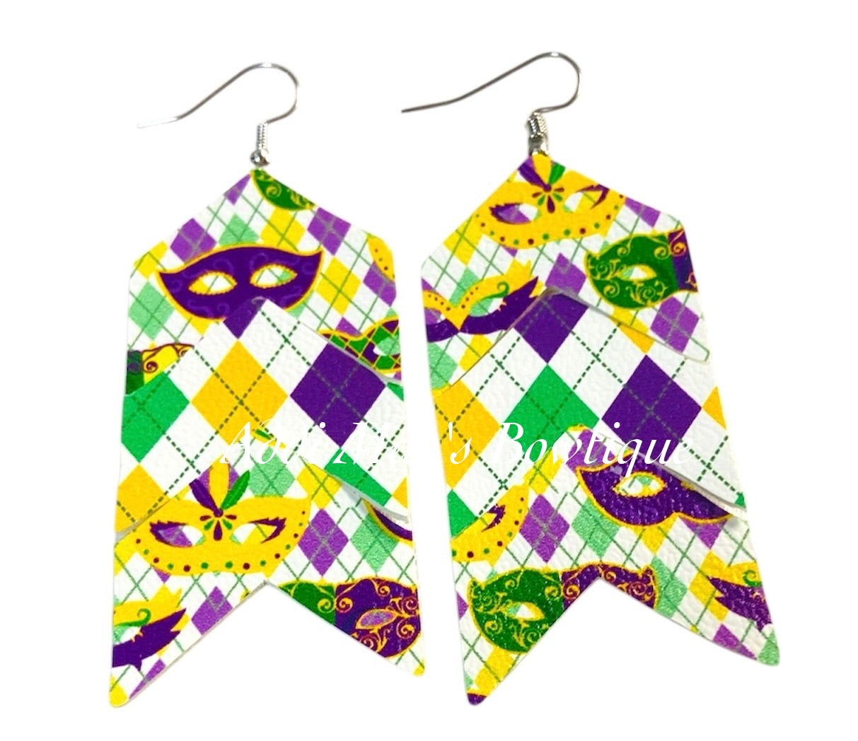 Mardi Gras Masks Argyle Chevron Dangle Earrings
