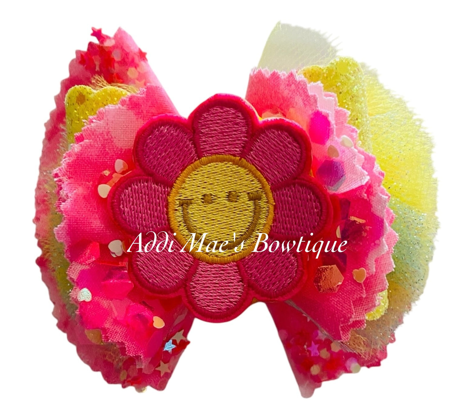 Smiley Daisy Cotton Frayed Fabric Hair Bow