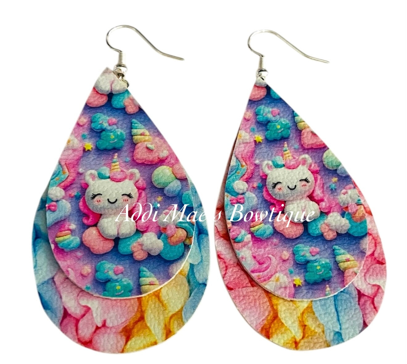 Fluffy Pastel Rainbow Unicorn Stacked Tear Drop Dangle Earrings