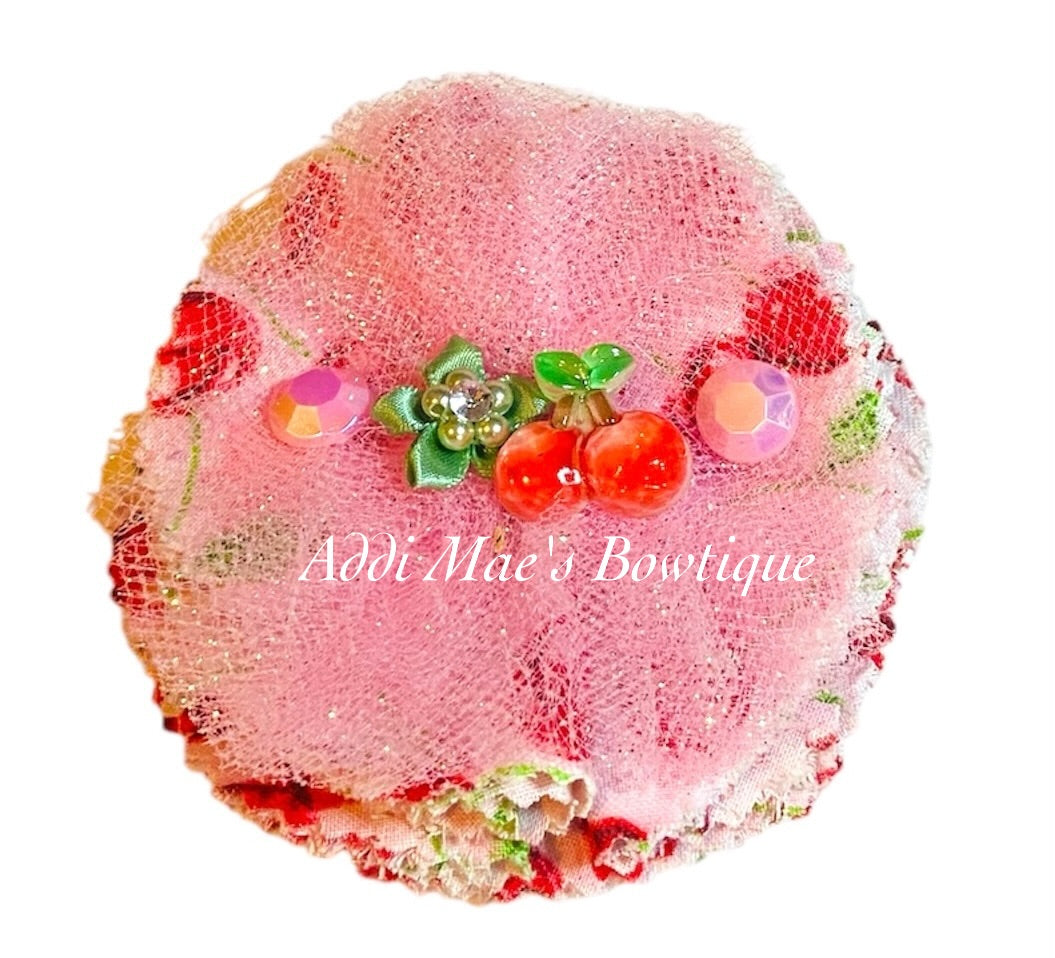 Cherries Frayed Cotton Fabric Flower Hair Bow