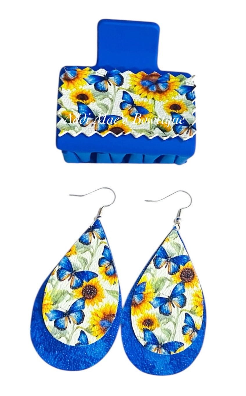 Sunflowers Blue Butterfly Small Claw Clip Earring Set
