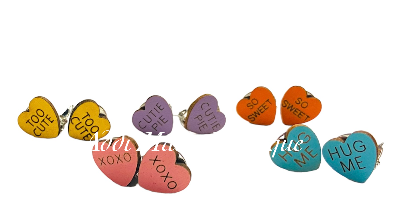 Valentines Candy Hearts Wooden Clip On Earring Stud Set