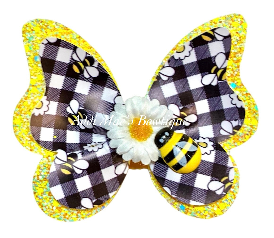 Daisies Plaid Bees Butterfly Bow