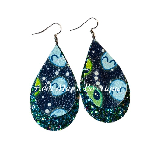 Aliens Outer Space Stacked Tear Drop Dangle Earrings