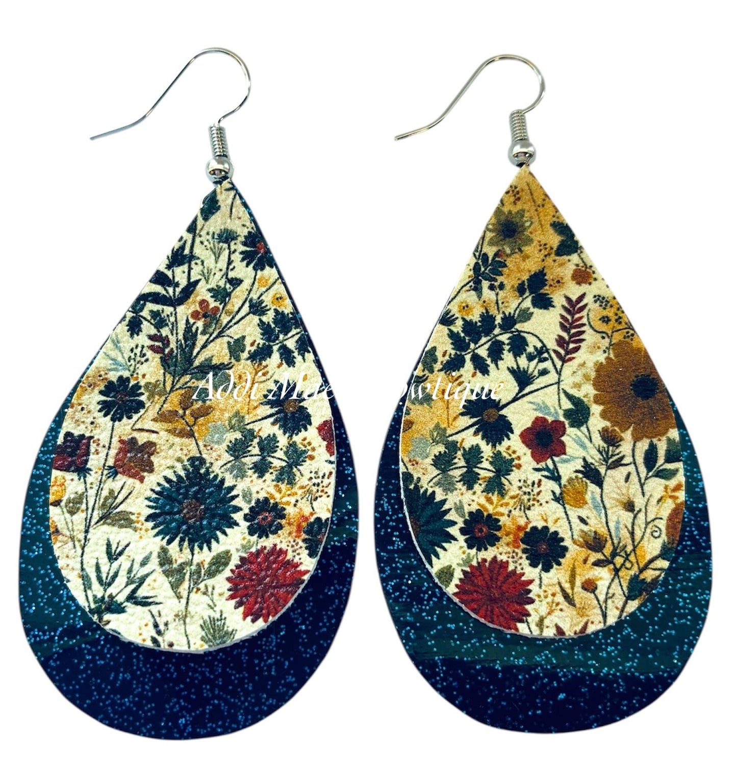 Fall Florals Blue Stacked Tear Drop Dangle Earrings