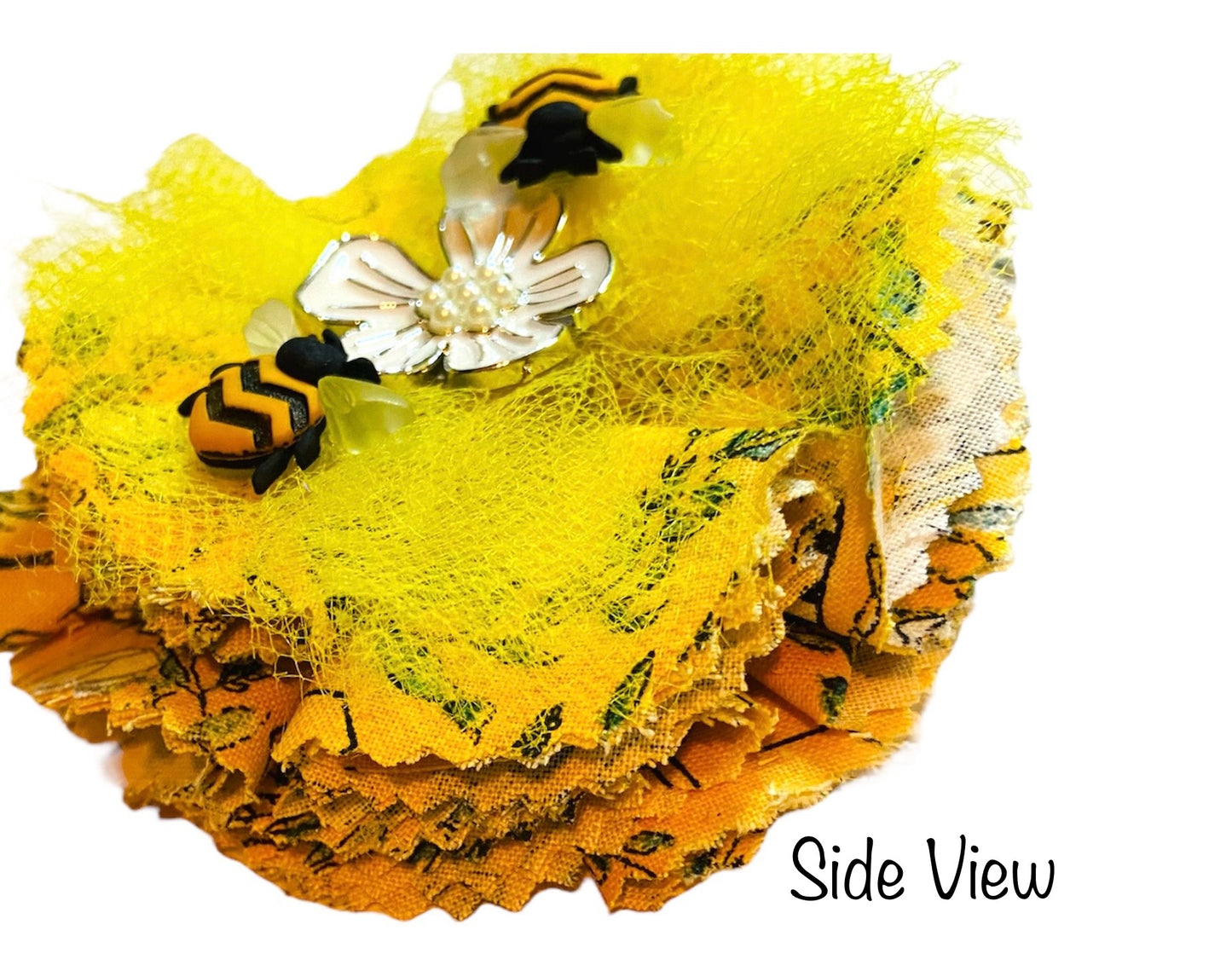 Bumblebee Frayed Cotton Fabric Flower Hair Bow