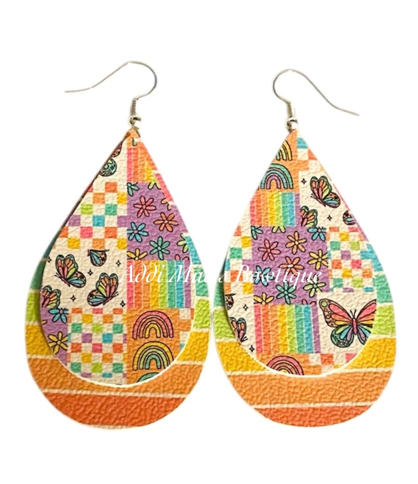 Rainbow Butterfly Patchwork Stacked Tear Drop Dangle Earrings