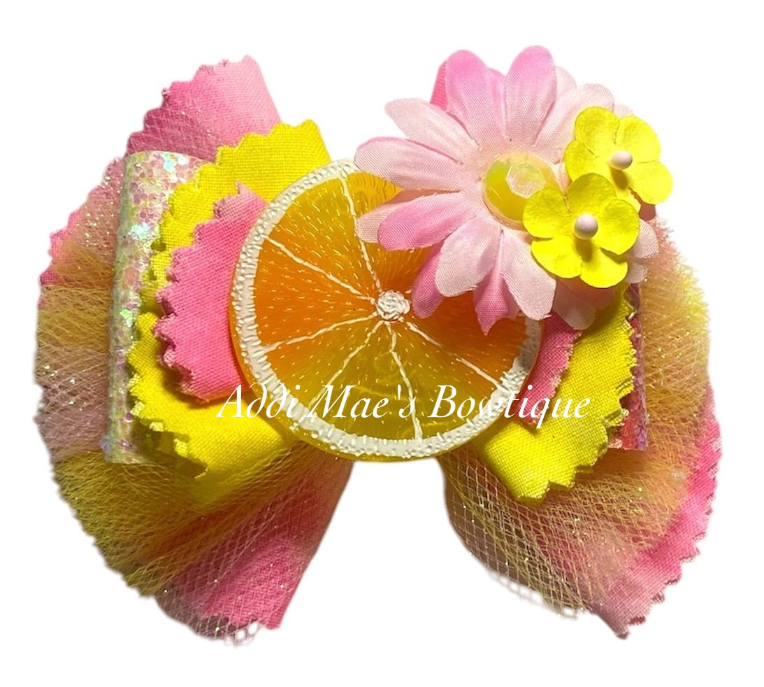 Pink Lemonade Frayed Cotton Fabric Hair Bow
