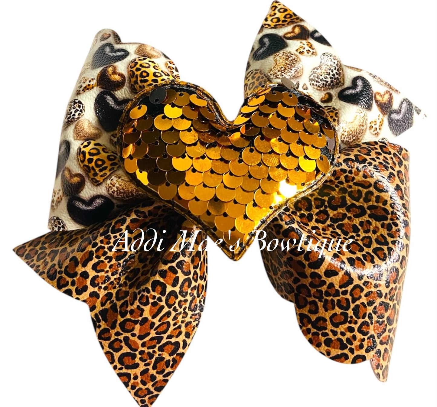Leopard Hearts Sequin Heart Bow