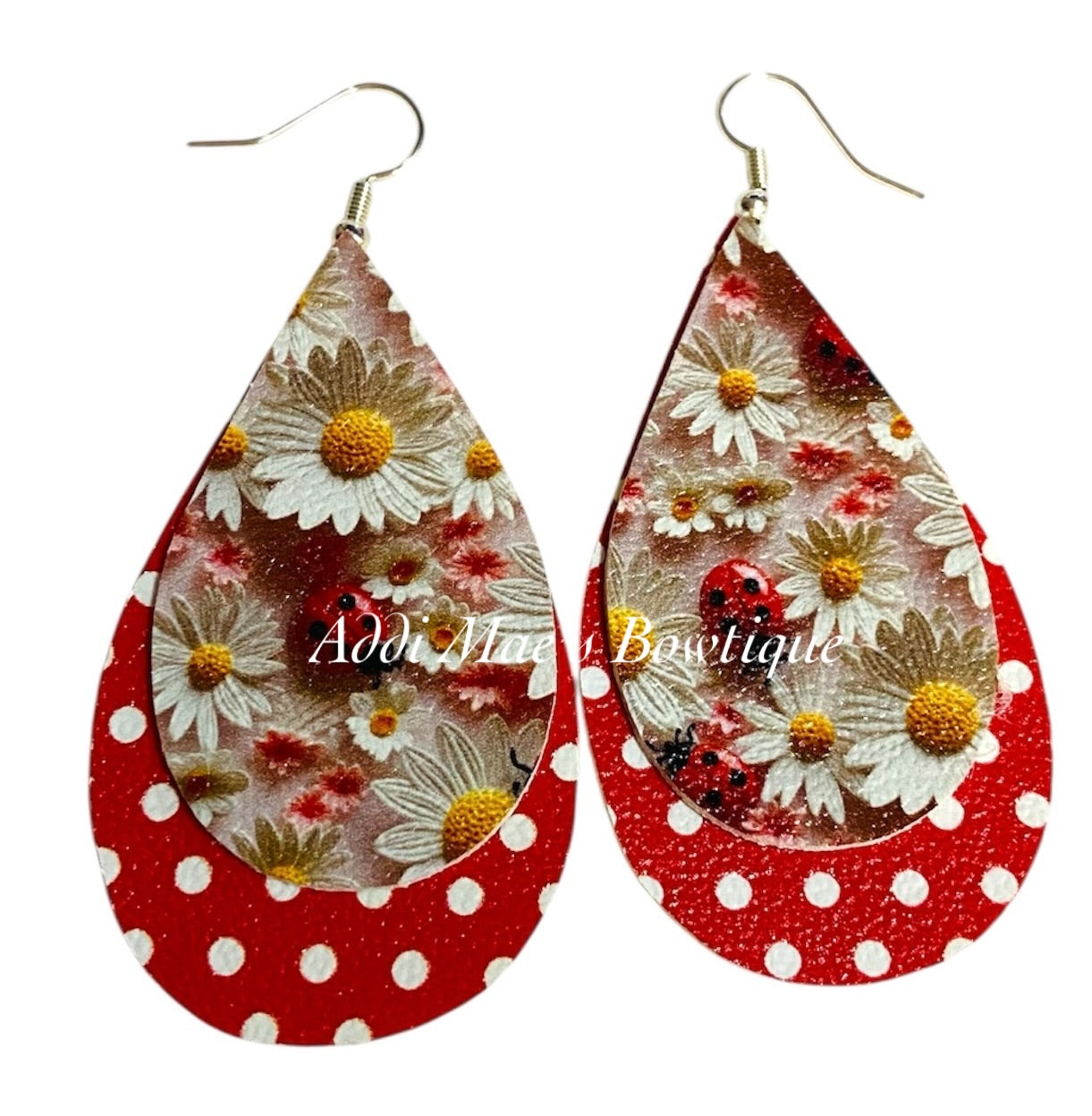 Ladybug Daisy Stacked Tear Drop Dangle Earrings