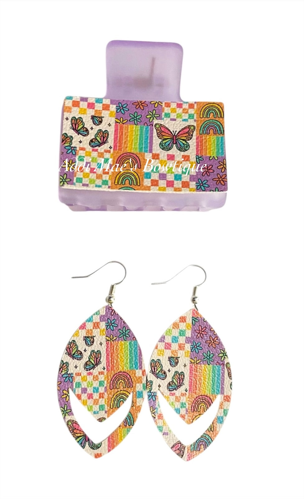 Rainbow Butterfly Patchwork Small Claw Clip Earring Set