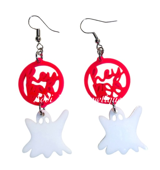 Hot Pink Hey Boo! Ghost Halloween Acrylic Dangle Earrings