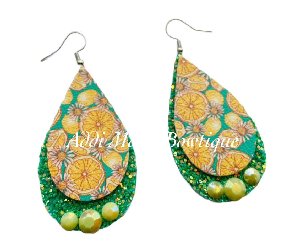 Lemon Slices Stacked Tear Drop Dangle Earrings