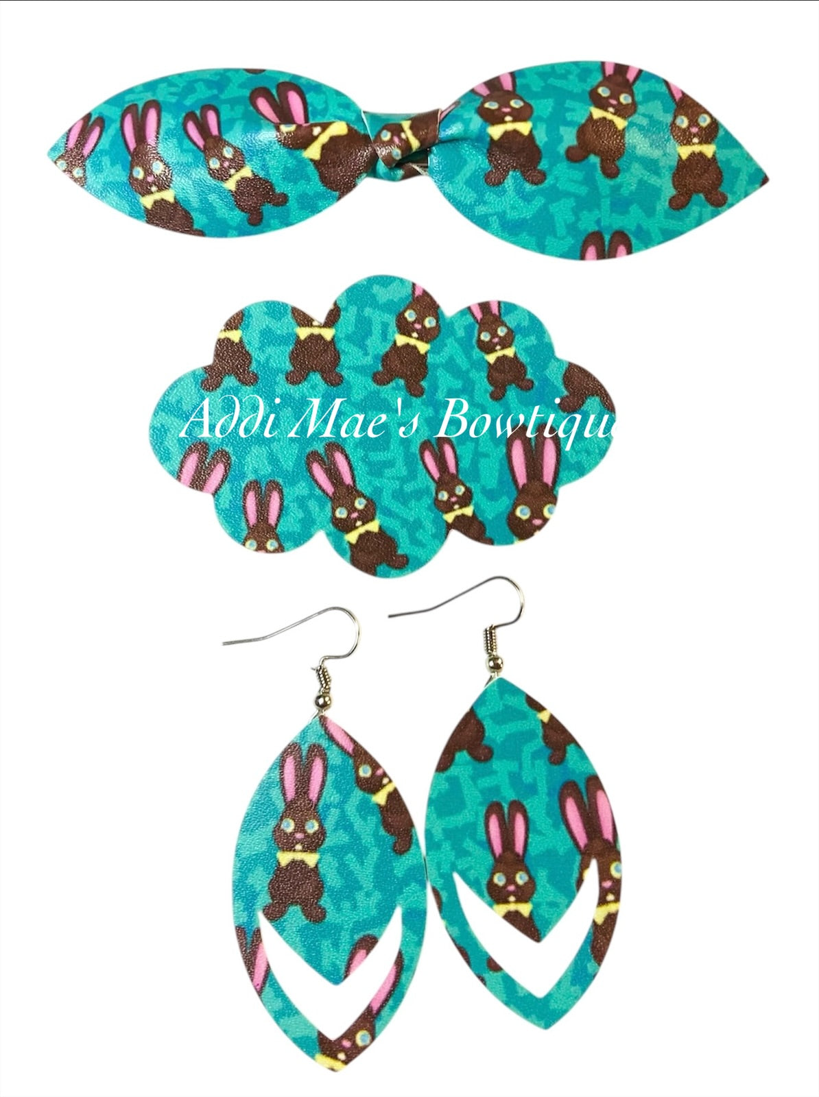 Chocolate Bunny Easter Top Knot Clip, 3” Snap Clip, & Earrings Set