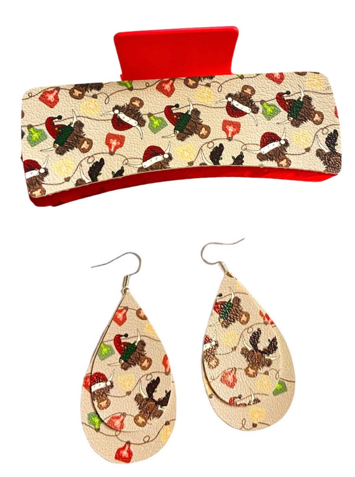 Christmas Highland Cows XL Claw Clip Earring Set
