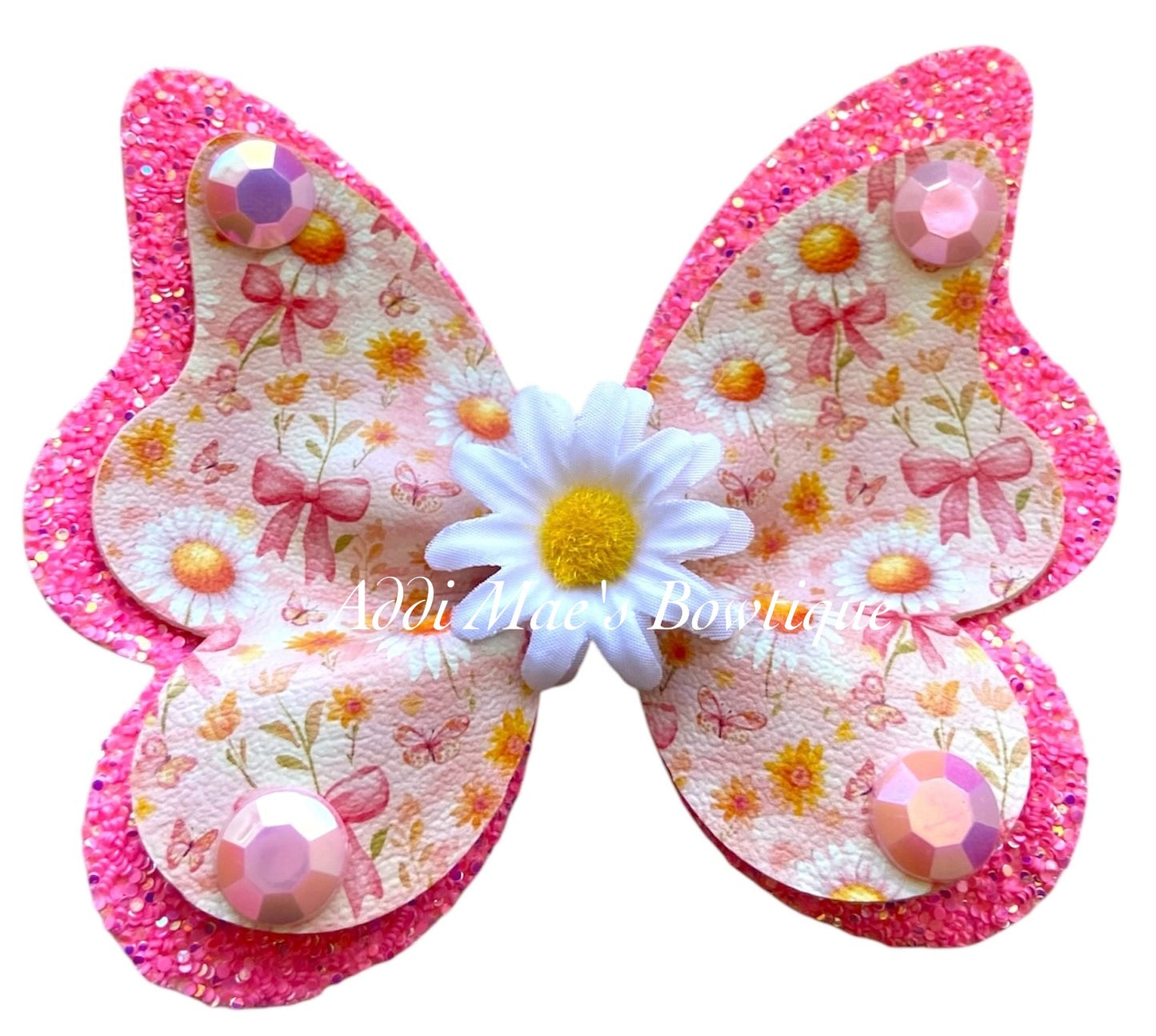 Pink Garden Daisy Butterfly Bow