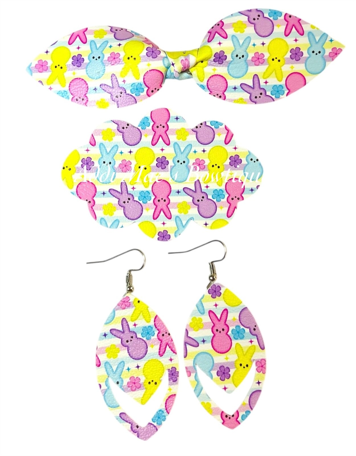 Easter Marshmallow Bunnies Top Knot Clip, 3” Snap Clip, & Earrings Set