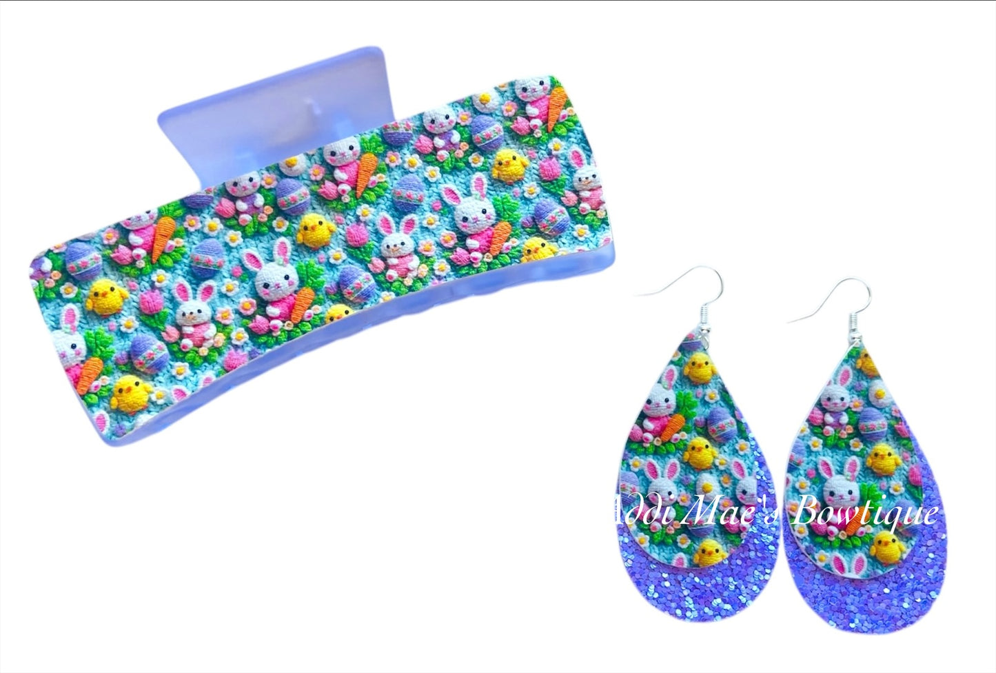 Cute Crochet Bunny XL Claw Clip Earring Set