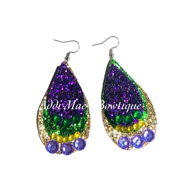 Mardi Gras Glitter Stacked Tear Drop Dangle Earrings