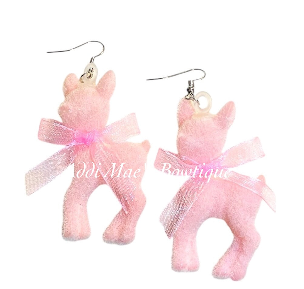Pink Fuzzy Deer Dangle Earrings