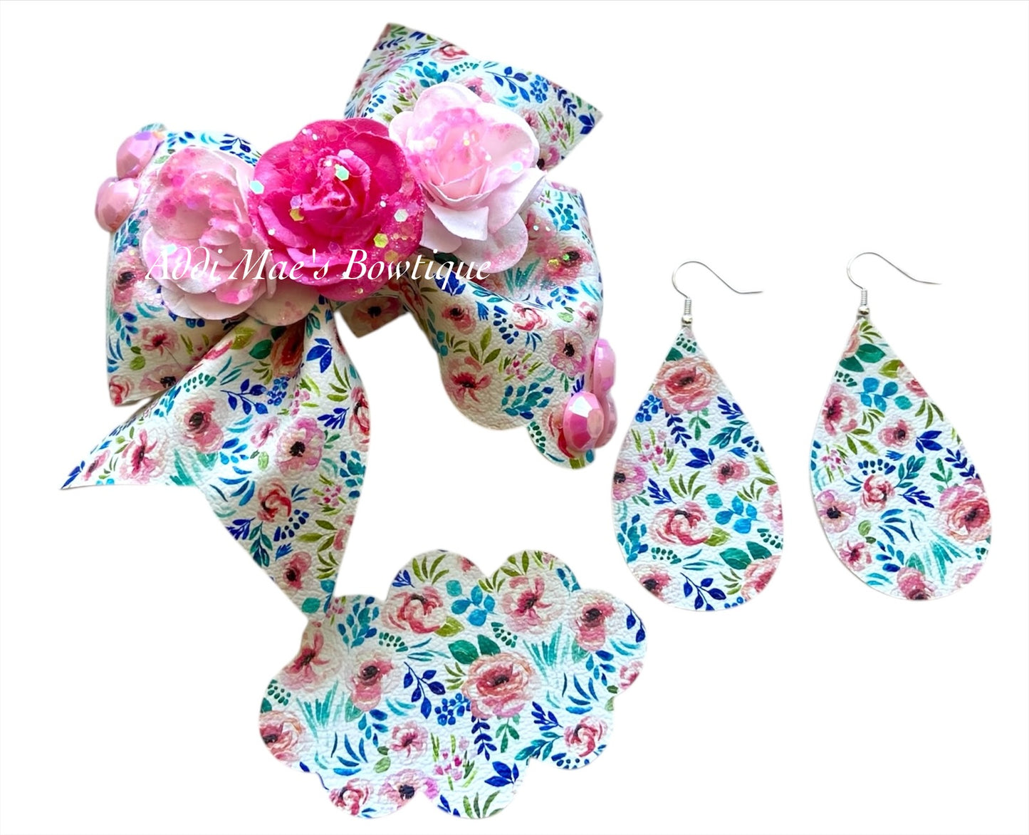 April Roses Bow,Earrings, Snap Clip Set