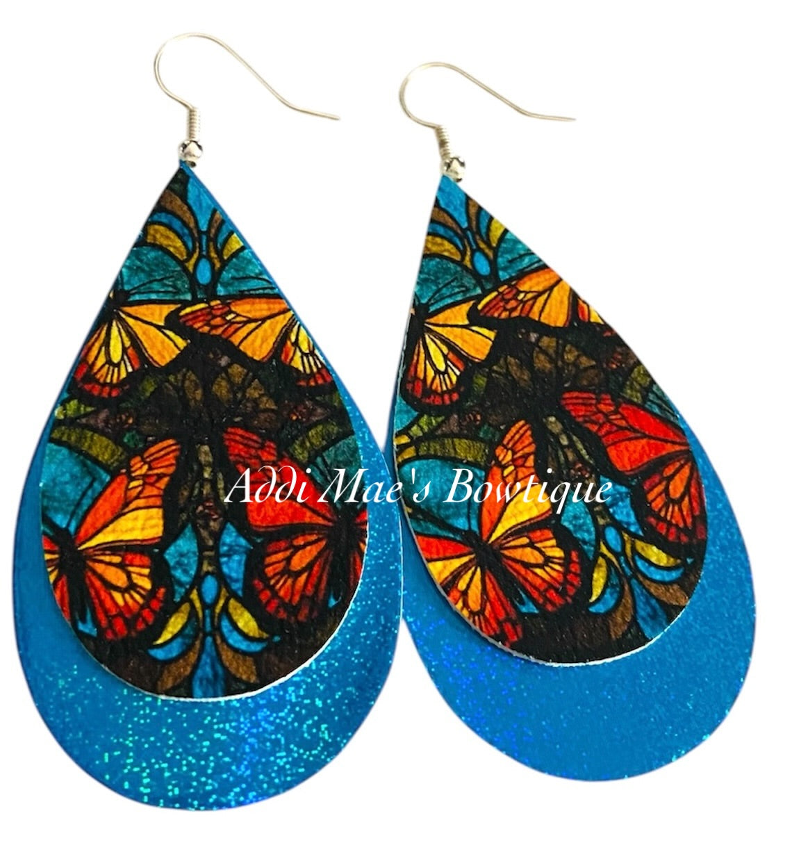 Stained Glass Butterfly Stacked Tear Drop Dangle Earrings