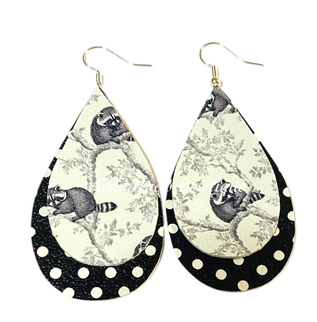 Woodland Toile Raccoon Stacked Tear Drop Dangle Earrings