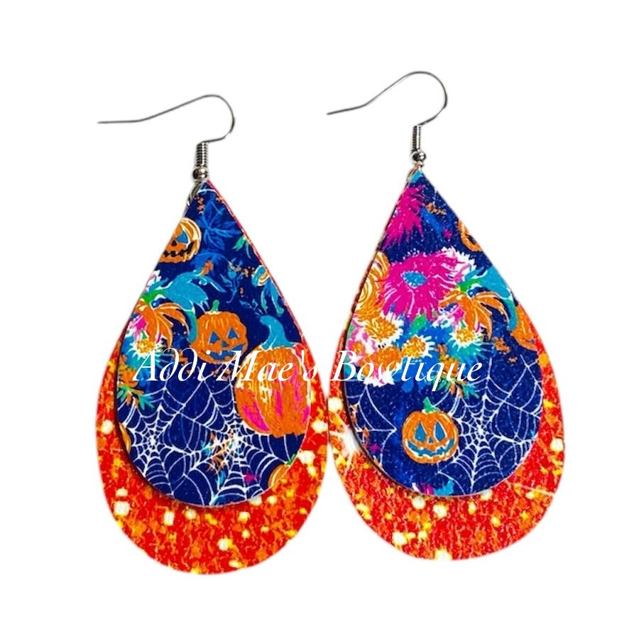 Bright Halloween Pumpkins Stacked Tear Drop Dangle Earrings