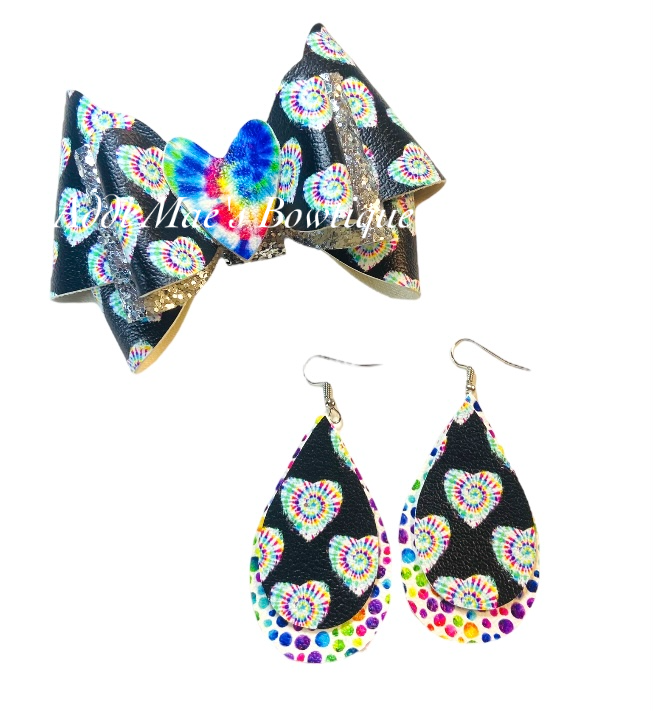 Tie Dye Hearts Bow & Earrings Set