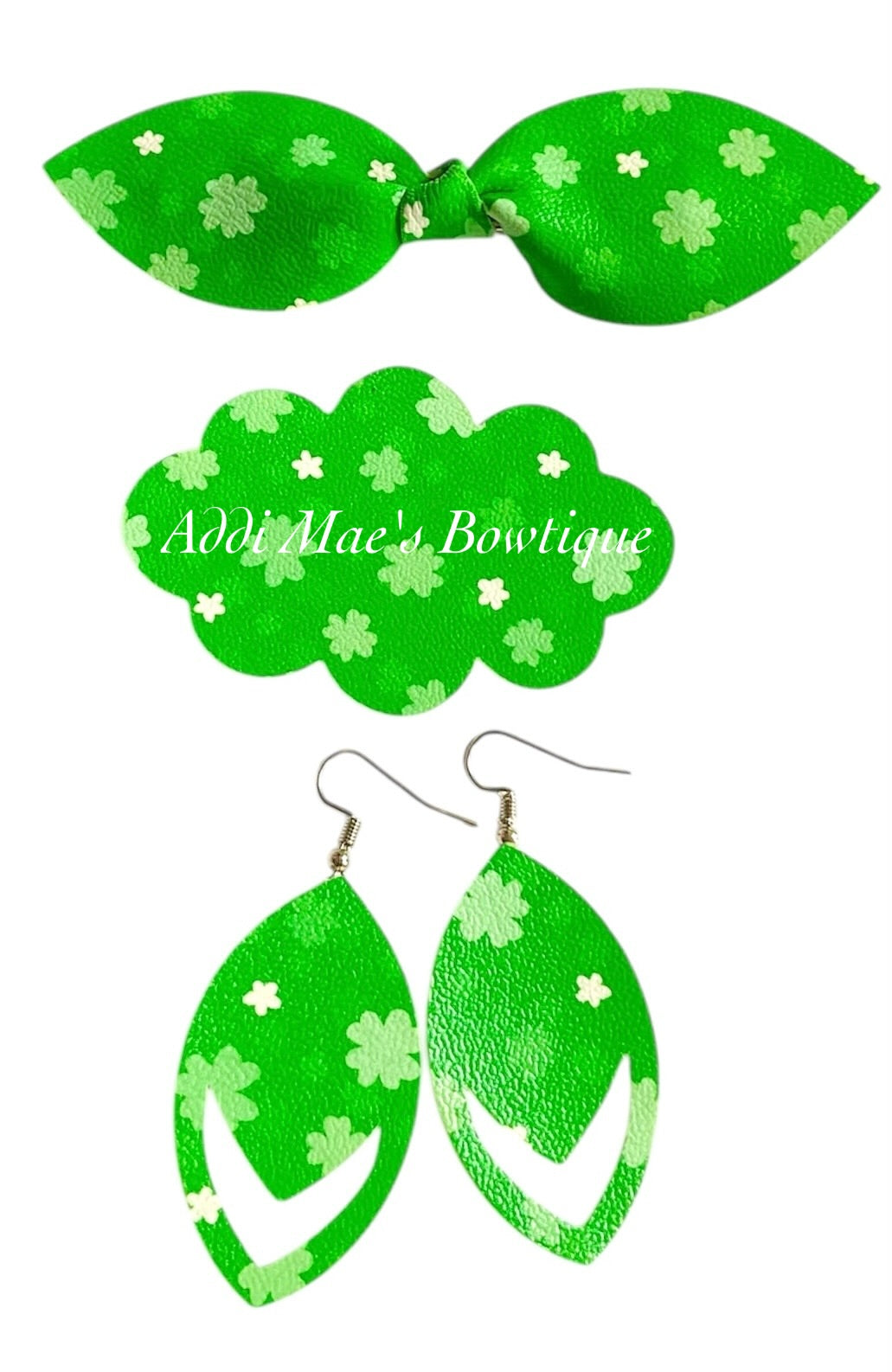 St. Patrick’s Day Clovers Top Knot Clip, 3” Snap Clip, & Earrings Set