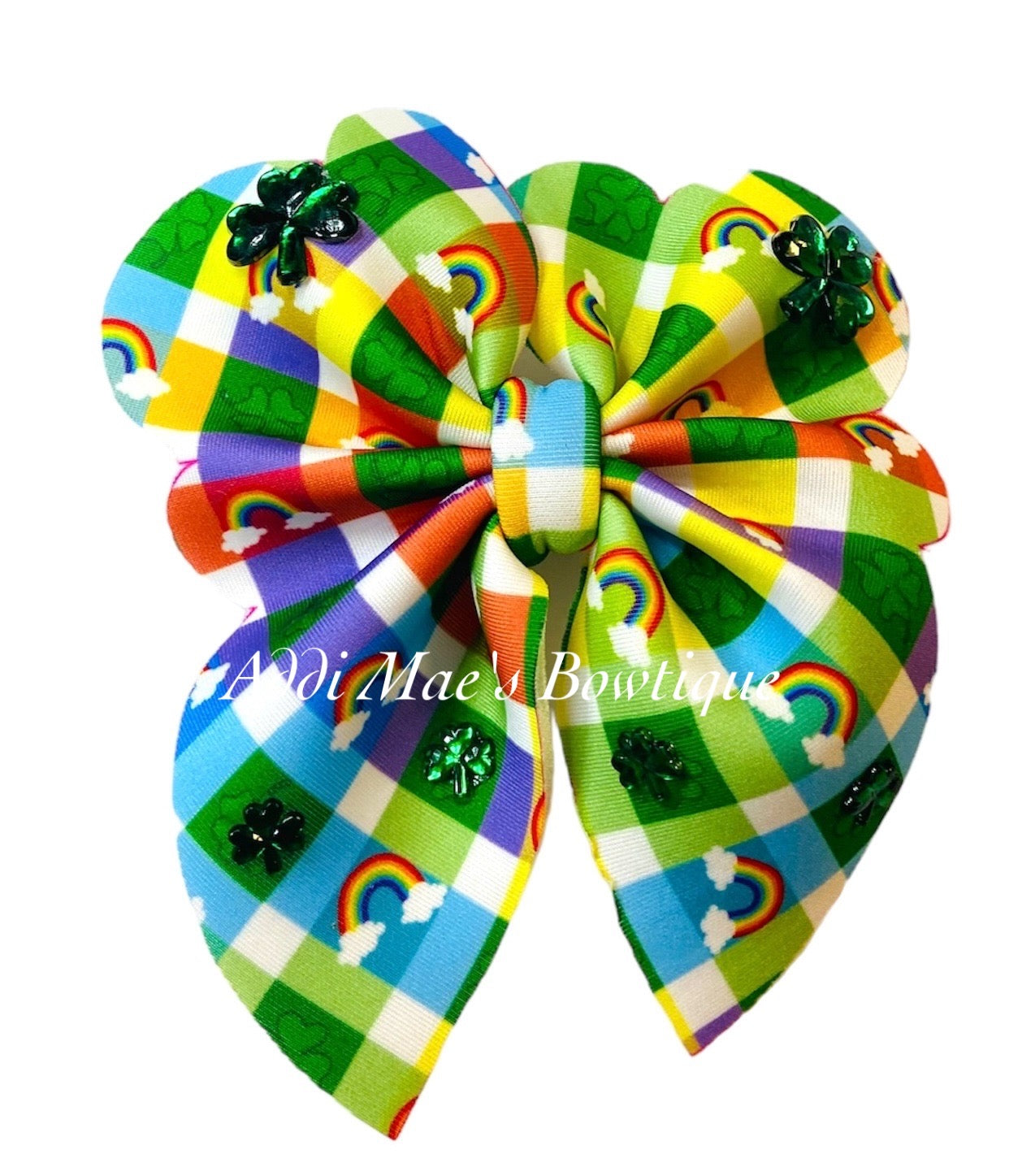 Rainbow Checkered Clovers Bubble Neoprene Fabric Sailor Hair Bow