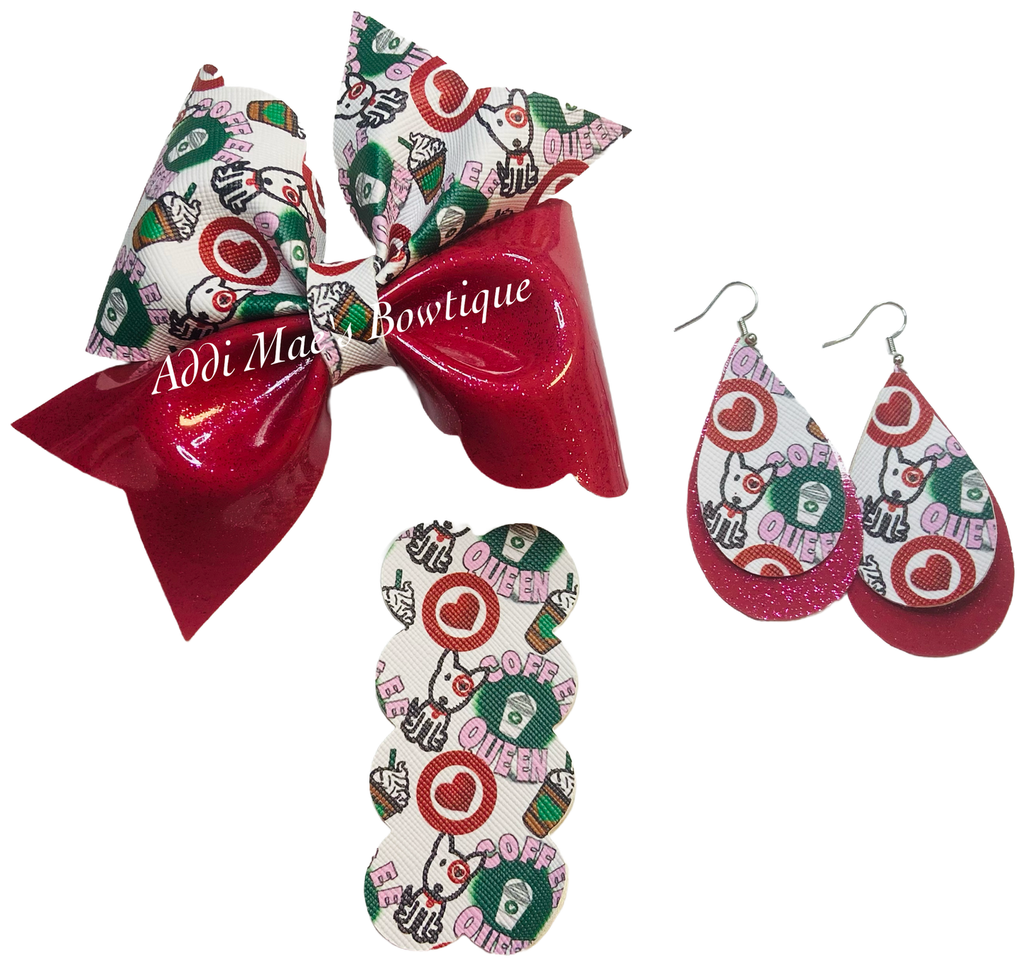 Coffee Queen Bow,Earrings, Snap Clip Set