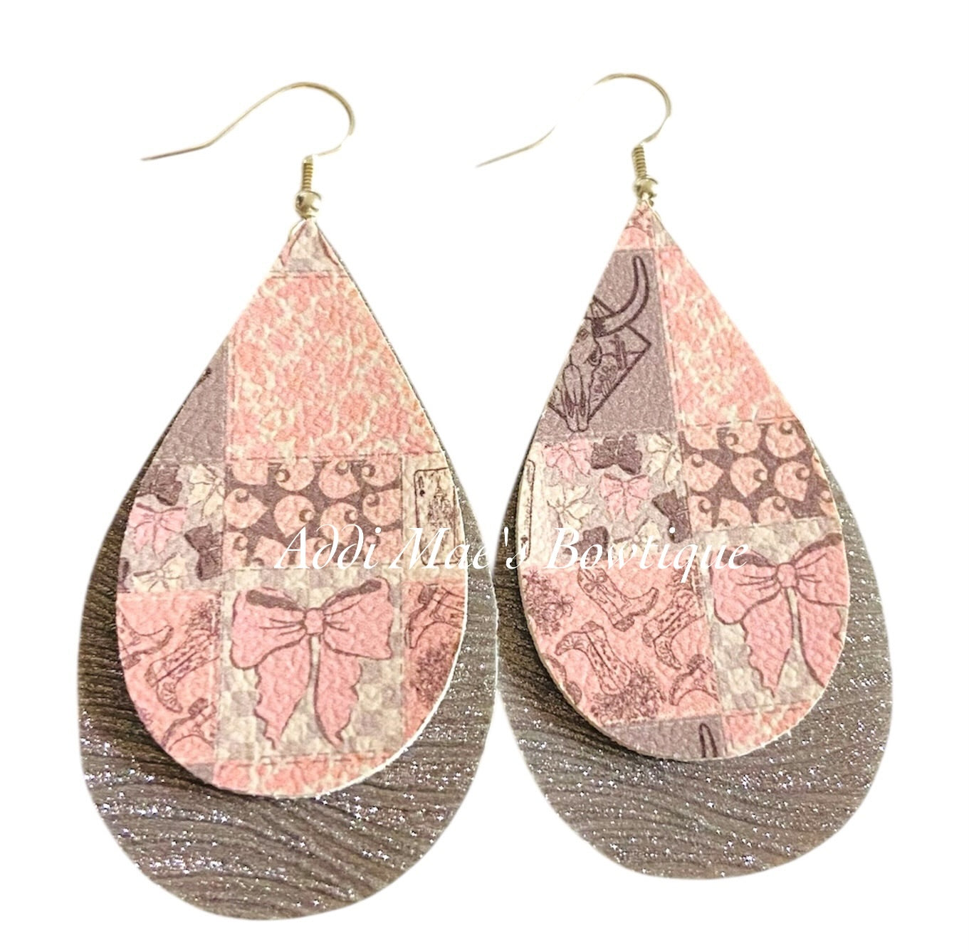 Pink Western Patchwork Stacked Tear Drop Dangle Earrings