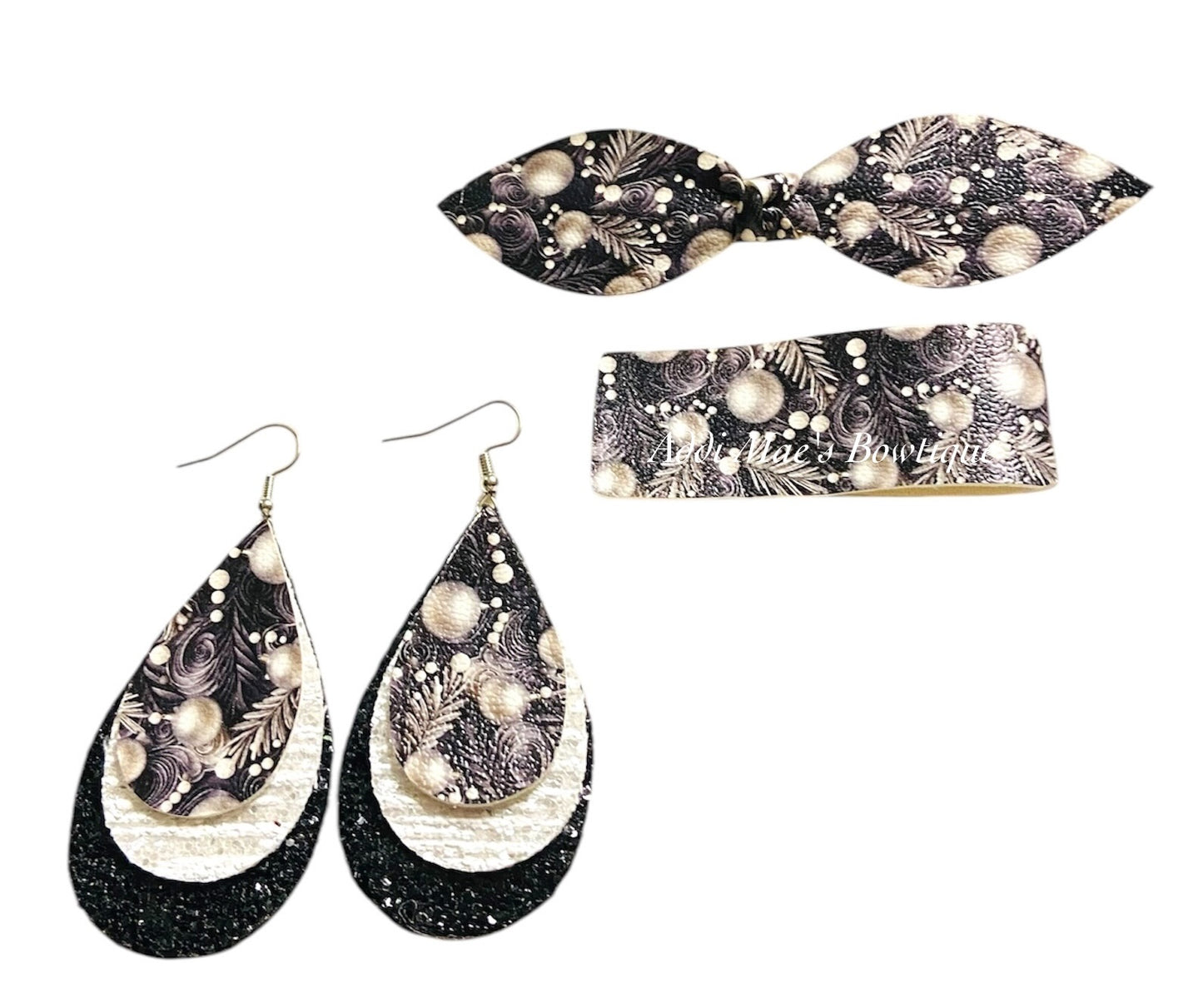 Black and Silver Christmas Ornaments Top Knot Clip, 2” Snap Clip, & Earrings Set