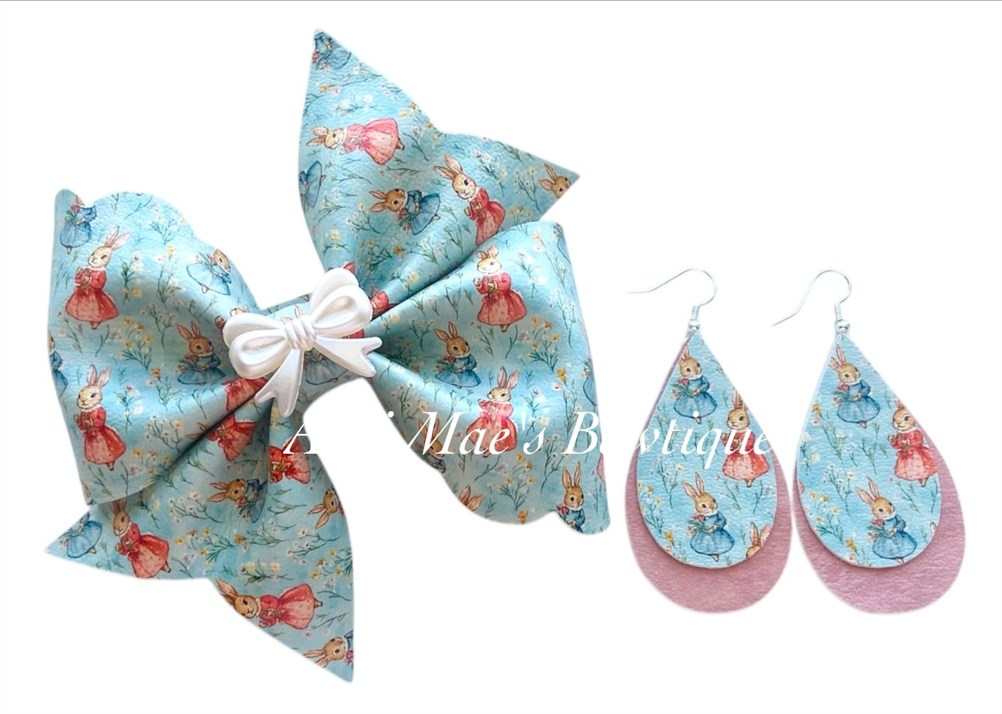 Vintage Girl Bunnies Bow & Earrings Set
