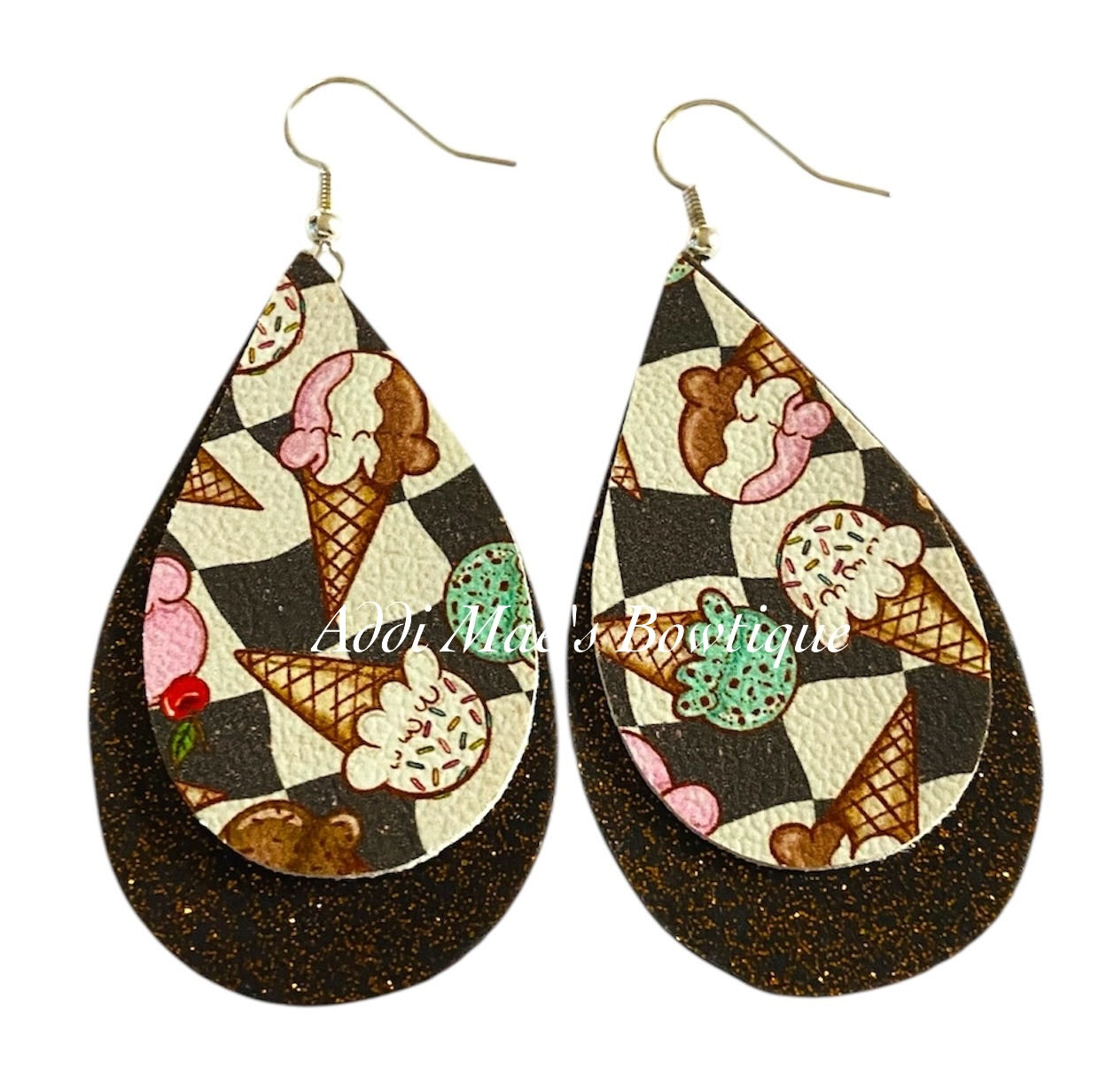 Retro Checkered Ice Cream Cones Stacked Tear Drop Dangle Earrings
