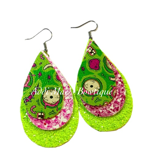 Zombie Halloween Stacked Tear Drop Dangle Earrings
