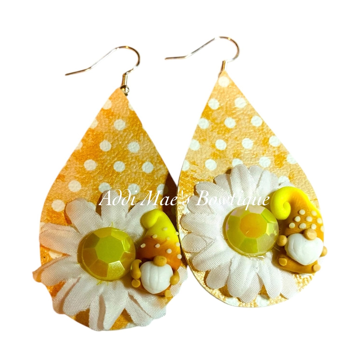 Peach Daisy Dots Gnomes Tear Drop Earrings