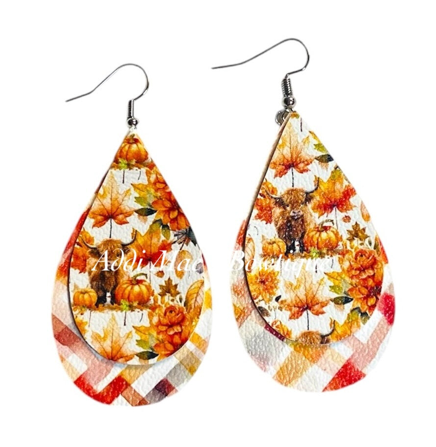 Fall Highland Cow Stacked Tear Drop Dangle Earrings