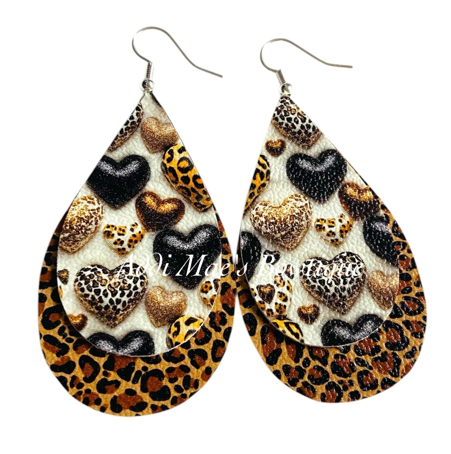 Leopard Hearts Stacked Tear Drop Earrings