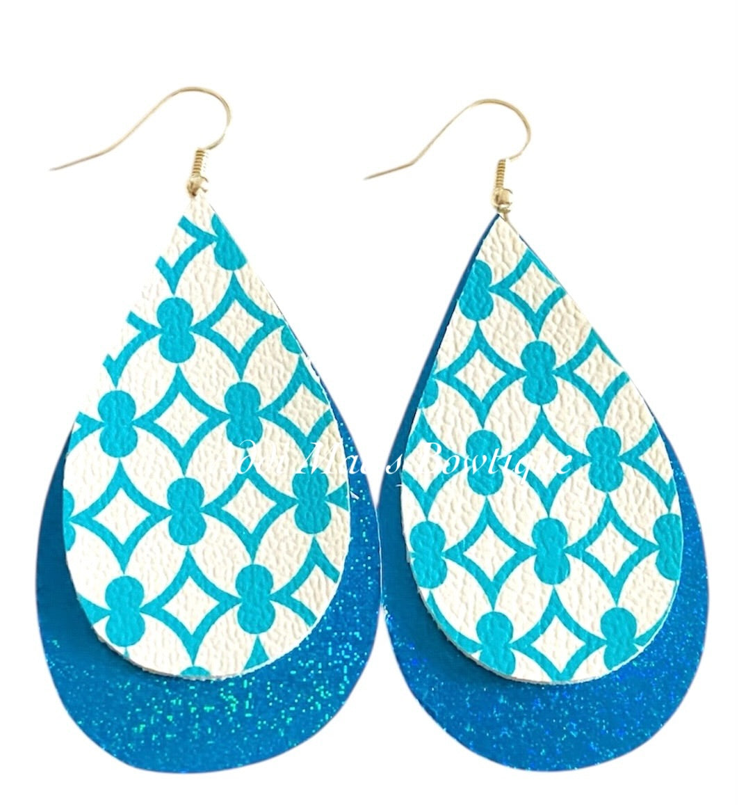 Teal Pattern Stacked Tear Drop Dangle Earrings
