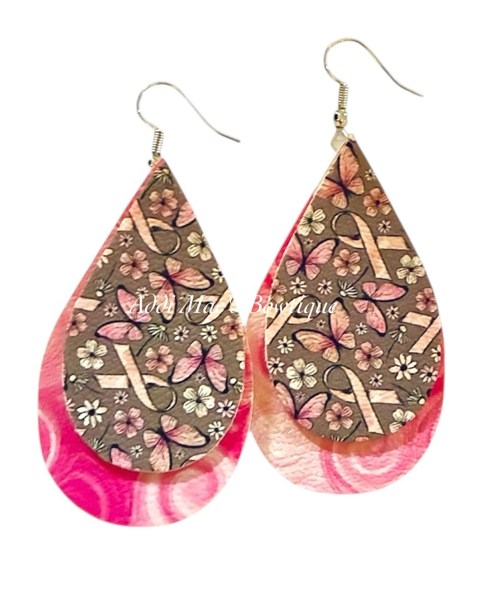 Breast Cancer Awareness Butterflies Stacked Tear Drop Dangle Earrings