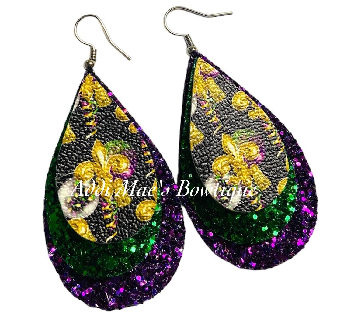 Mardi Gras Fleur De Lis Stacked Tear Drop Dangle Earrings