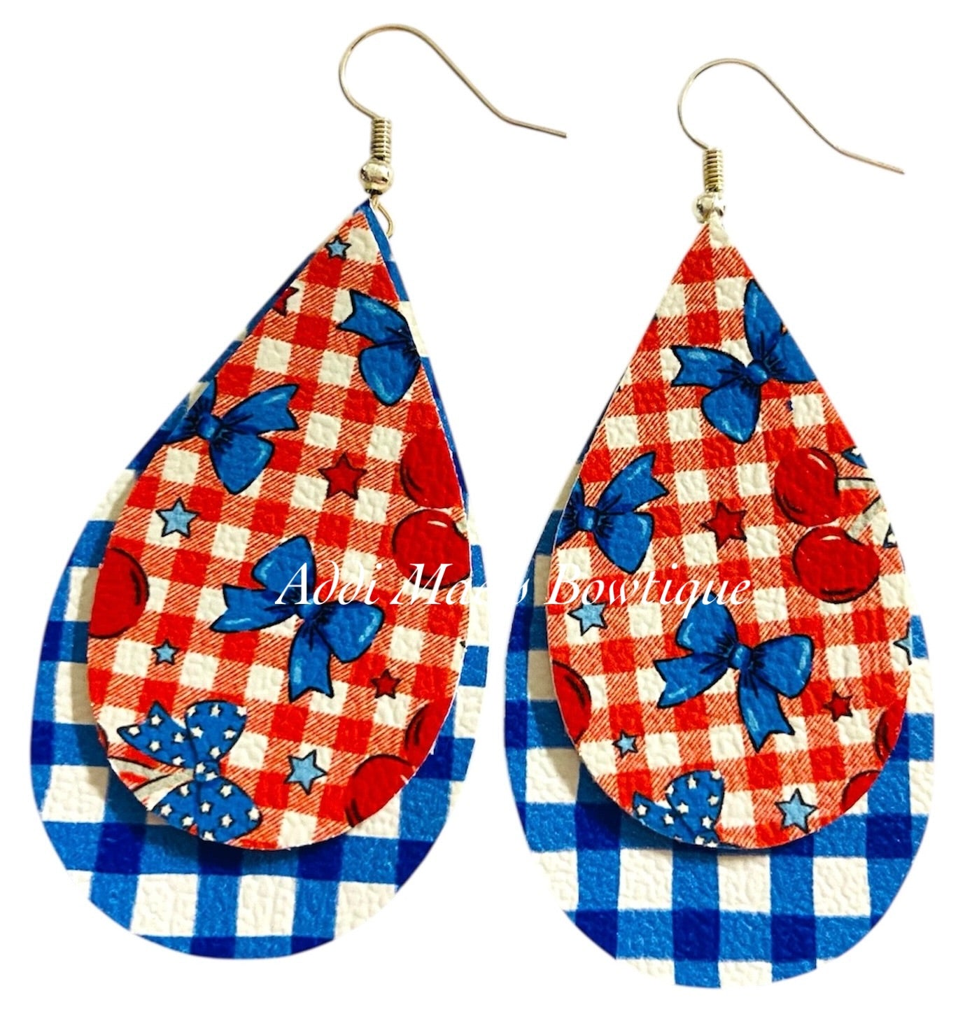 Red White Blue Cherries Stacked Tear Drop Dangle Earrings